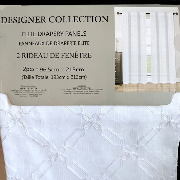 Designer Collection 2 Pk Elite Curtain Panels White Embroidered 38x84 Ea - Picture 5 of 7